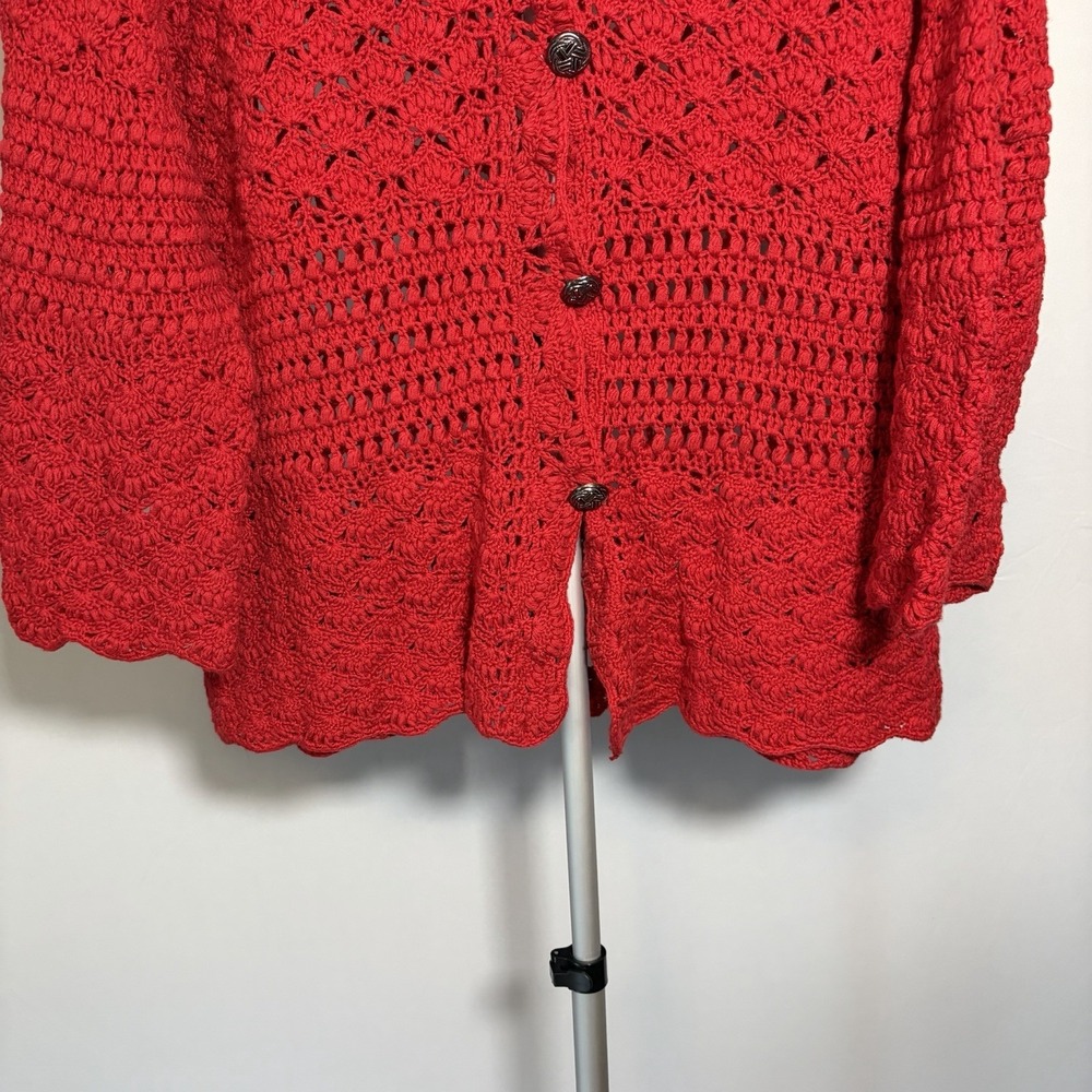 VTG 1X Red Crochet Open Knit 3/4 Sleeve Cottage Cardigan Button Grandma 90s Y2K - Picture 6 of 15